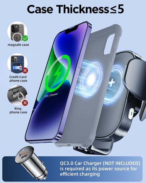 Lekente Wireless Car Charger, 15W Qi Fast Charging Phone Mount, Auto-Clamping Air Vent Holder for iPhone