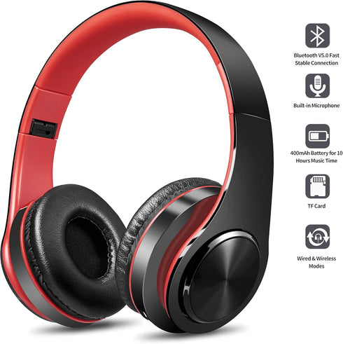 Bluetooth Over Ear Headphones, Foldable LED Stereo Headset with Built-in Microphone, Noise-Cancelling for