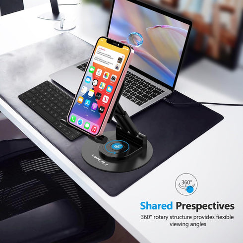 YXLILI Foldable Phone Stand, Adjustable Height Cell Phone Holder for Desk, 360° Rotating for iPhone 14/13/12/11, Black