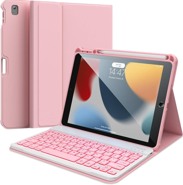 iPad 9th Generation Case with Keyboard, 7 Color Backlit Removable Bluetooth Wireless Keyboard, Pencil Holder (10.2)