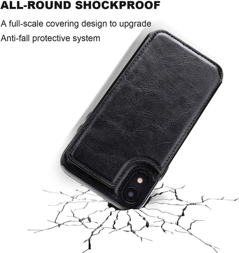 iPhone XR Wallet Case with Card Holder - Premium PU Leather Kickstand Case, Durable Shockproof Cover (Black)