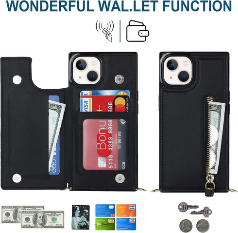 iPhone 13 Crossbody Phone Case - Black Leather Wallet with Card Holders, Adjustable Strap, Protective Design, 6.1 inch.