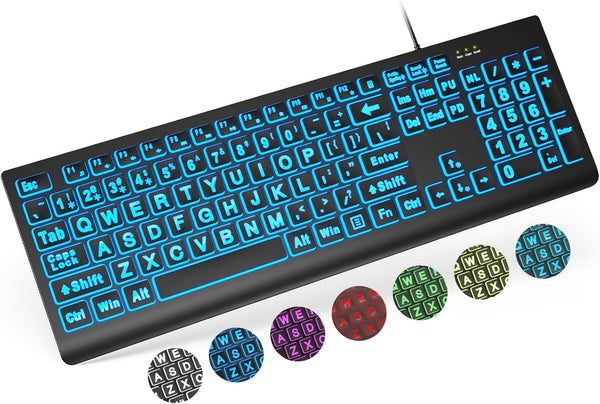 SABLUTE Large Print Backlit Keyboard, Wired USB Lighted Computer Keyboard with 7-Color Backlit for PC, Laptop