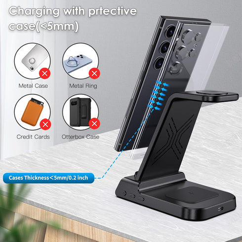 Wireless Charger for Samsung with Clock, 3 in 1 Charging Station for Samsung Galaxy S24 Ultra/S23 Ultra/Z Flip 6/5/Fold