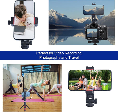Phone Tripod Mount with Remote Controller, Universal Smartphone Adapter with Cold Shoe, 360° Rotating Clip Holder
