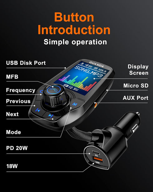 Upgraded Bluetooth FM Transmitter for Car, Wireless Radio Adapter Kit with 1.8" Color Display, Hands-Free Call, USB