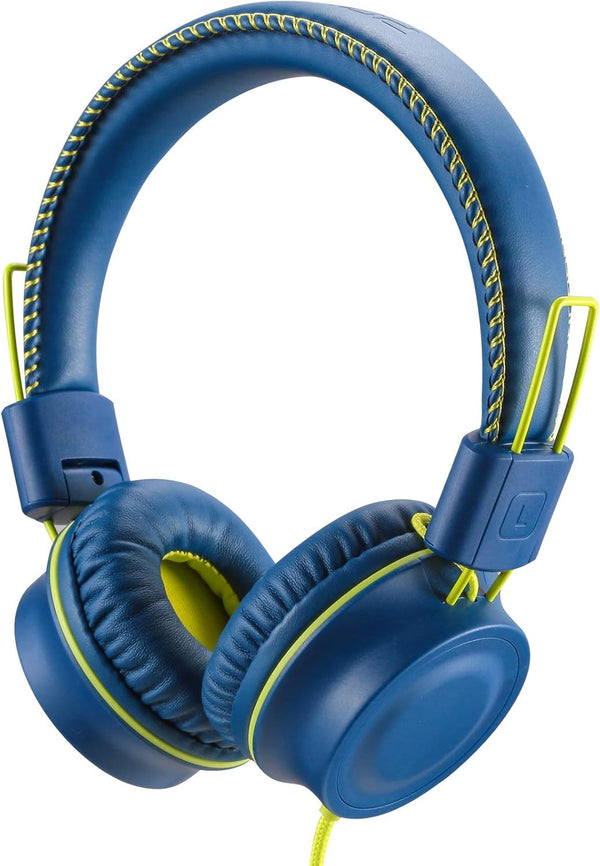POWMEE M2 Kids Headphones - Foldable, Adjustable, Tangle-Free, 3.5MM Jack, On-Ear, Blue for School, Travel & More.