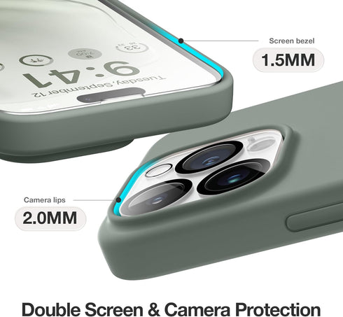 GONEZ iPhone 14 Pro Case - Calke Green, Shockproof Liquid Silicone, Soft Anti-Scratch Lining + 2 Screen & Camera