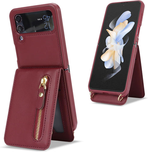 Cavor for Samsung Galaxy Z Flip 4 Case Wallet with Strap, Crossbody Lanyard Card Holder Stand, Cute Leather Zipper