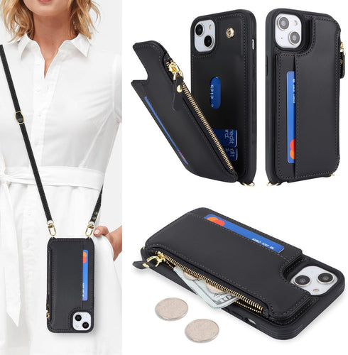 Cavor iPhone 13 Case with Card Holder, Wallet Case for Women, Leather Zipper Pocket Case with Strap (Black)