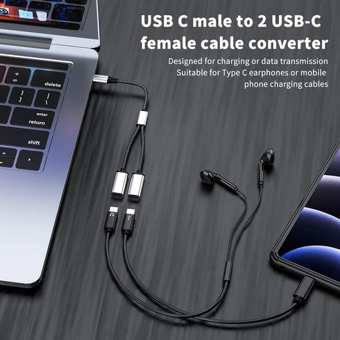 USB C Splitter Adapter: USB C Male to 2 USB-C Female, Y Splitter Cable for Mac, Xbox One, PS5, Laptop (Not for