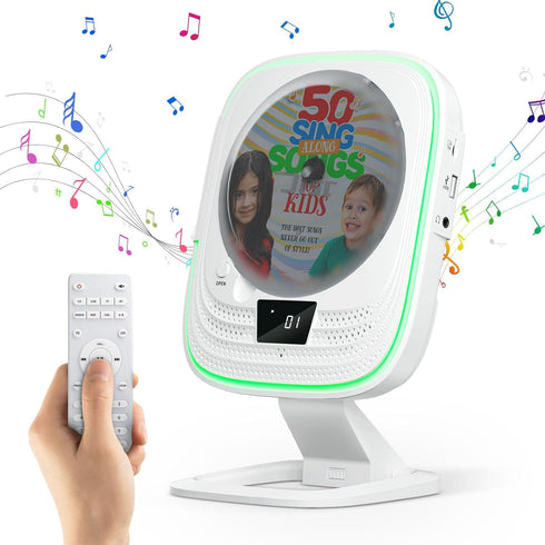 Portable CD Player with Bluetooth 5.0, HiFi Stereo Speakers, Desktop Wall-Mounted FM Radio, Remote Control, LED Lights,