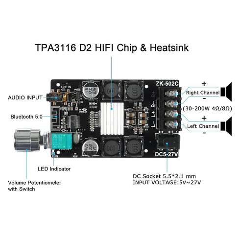 ZK-502C Bluetooth 5.0 Amplifier Board, 100w Dual Channel Audio Amp Board, Password Free Connect for Home Passive