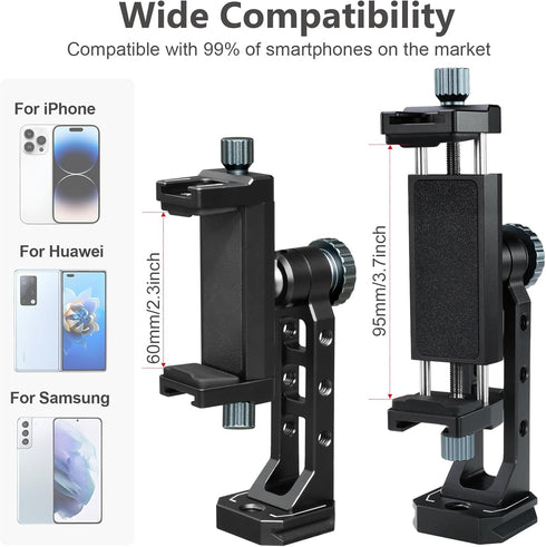 LEAPLIEXT 360 1/4" 3/8" 16/15/14/13, Metal Phone Holder for Tripod - Rotation with Arca Swiss Quick Release, & Thread