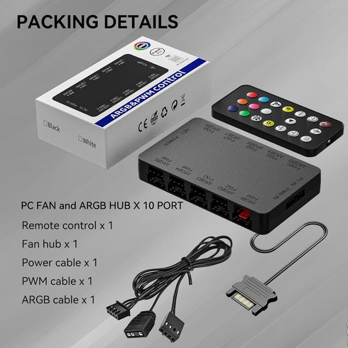 GSCOLER 10-Port 5V/3PIN 10 ARGB & PWM Fan Hub Controller - Magnetic Mount RGB PC Fan Hub with Remote Control, Chassis