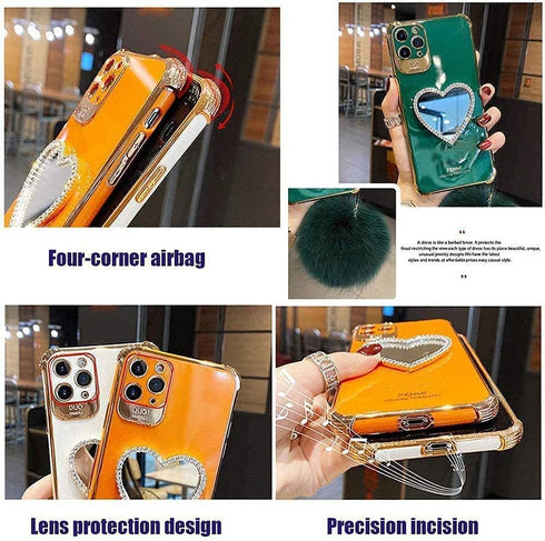 Luxurious Bling Heart-Shaped Makeup Mirror Mobile Phone Case for iPhone 14 (14 Pro, Black)