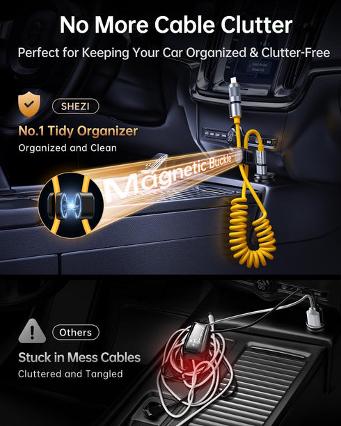 SHEZI-Style 4-in-1 Coiled USB C Cable - 45W Lightning Cable for Car with Magnetic Clips, Fast Charging for iPhone