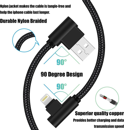 iPhone Charger 3ft MFi Certified 3 Pack 90 Degree Nylon Braided Lightning Cable Right Angle iPhone Charging Cord for iPhone 13 12 11 Pro X XS XR 8 Plus 7 6 5 and More (Black, 3 FT) by Osecet