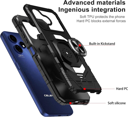 TJS Heavy Duty Celero 5G + Plus 2024 Case with Tempered Glass Screen Protector, Metal Ring Kickstand - Black