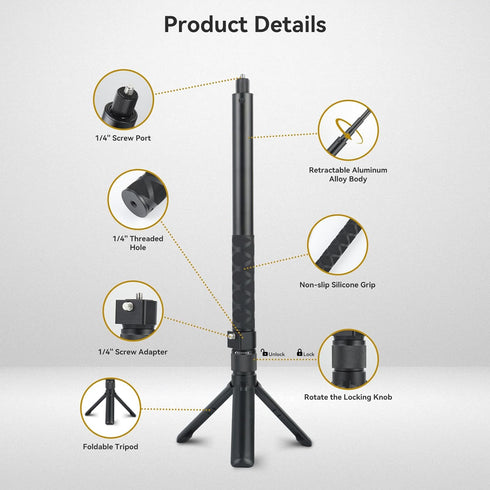 UTEBIT 5.9"-47" Insta360 X5/X4, 3, 1/4" Bullet Time Handle Tripod Rotating Grip with Invisible Selfie Stick, Compatible