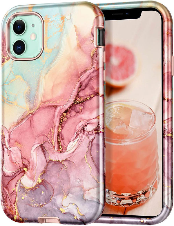 CASEFIV iPhone 11 Case, Rose Gold Marble Pattern, 3-in-1 Heavy Duty Shockproof, Full Body Rugged PC+Soft Silicone Cover.