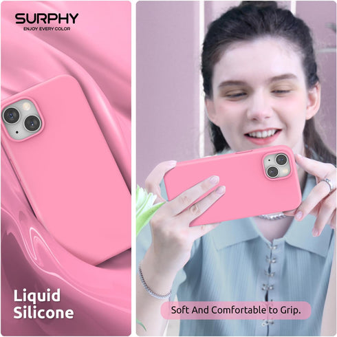 SURPHY iPhone 14 Case (6.1", 2022) - Pink Liquid Silicone, MagSafe Compatible, with 2 Screen Protectors & Camera Cover.