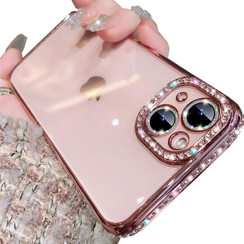 Luxury Pink Clear Glitter Case for iPhone 15 Plus 6.7", Bling Diamond Rhinestone, Soft TPU Bumper, Camera Protector.