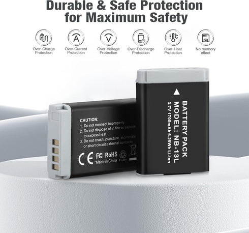 NB-13L Battery 2 Pack Replacement Li-ion Batteries and USB Dual Charger for PowerShot G1X G5X G7X Mark II III