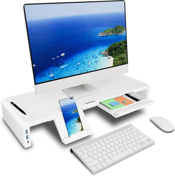 OImatser Monitor Stand Riser with 3.0 USB HUB, Foldable Computer Stand, Adjustable Length with Storage Drawer