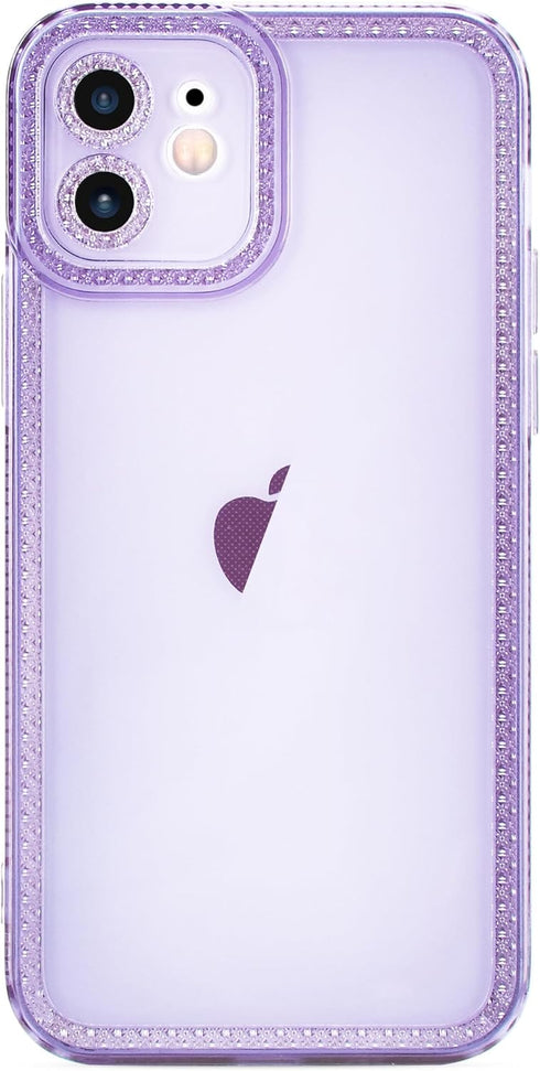 Cute Clear Bling Crystal Diamond iPhone 12 Case with Sparkle Camera Lens Protector, Soft TPU Cover for Women, Purple.