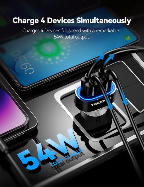 TECKNET USB Car Charger 54W 4-Port Car Phone Charger Adapter QC 3.0 Port Cigarette Lighter Charger Fast Charging Adapter Compatible with iPhone 15 Pro Max/15 Plus/15/14/13 Galaxy S23/22 Google Pixel