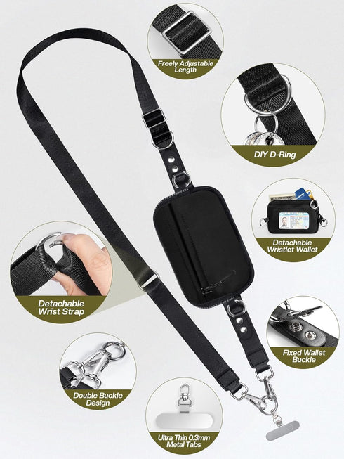 Tiostep Clip and Go Strap for Phone with Wallet Crossbody Phone Lanyard Adjustable and Detachable RFID Wristlet Wallet