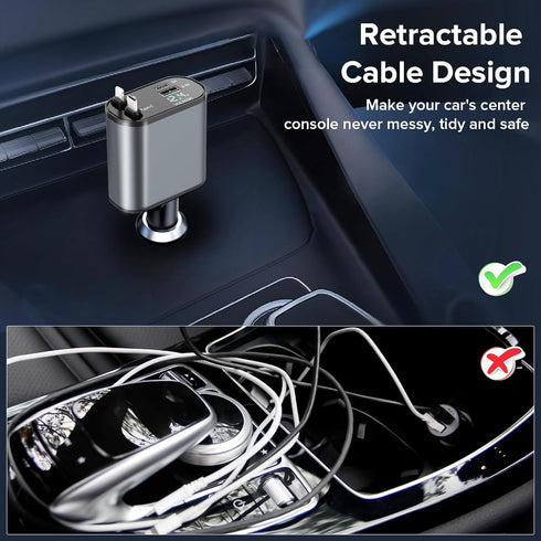 Retractable Car Charger, 60W Fast Charge with 1x Retractable Cable, 1x Type-C Cable, 2X USB Ports for iPhone Galaxy
