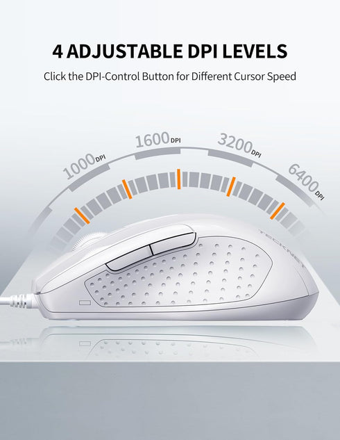 TECKNET USB Wired Mouse, 6-Button Corded Mouse with 4 Adjustable DPI, Optical Computer Mouse with Ergonomic Design and 5FT Cord for Laptop, Chromebook, PC, Desktop, Mac, Notebook-LT.White