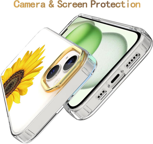 BAISRKE iPhone 15 Plus Clear Case 6.7" (2023) - Slim Shockproof Bumper, Sunflower Design + 2 Screen Protectors & 1 Lens