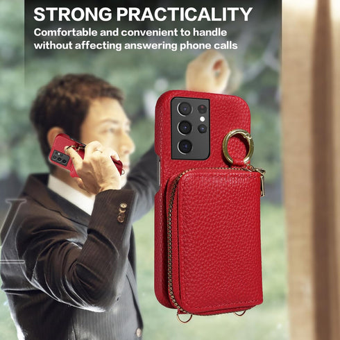 Furiet Wallet Case for Samsung Galaxy S21 Ultra 5G, Shoulder Strap Ring Buckle, Luxury PU Leather Zipper Flip Organ