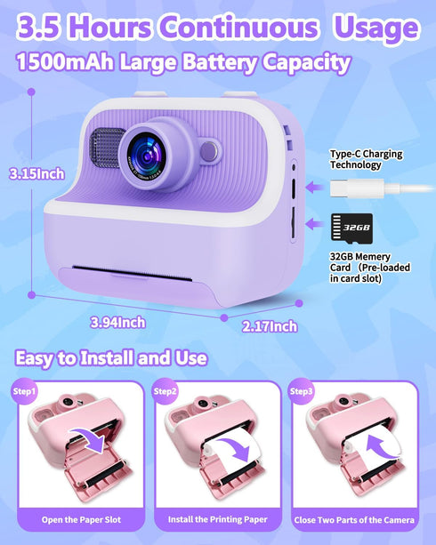 Instant Print Camera for Kids, Christmas Birthday Gifts, Dual Camera 1080P Digital Toys for Ages 4-10 with 32GB Card