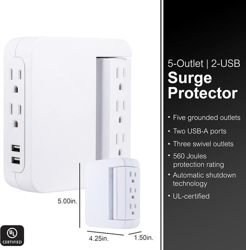 GE Pro Side-Access Swivel Surge Protector, 5-Outlet Extender with 2 USB Ports, Wall Tap Adapter