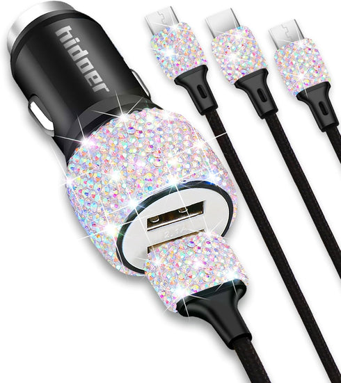 Bling USB Car Charger, 5V 2.4A Dual Port Fast Adapter with 4ft Nylon Type C Micro USB Charging Cable