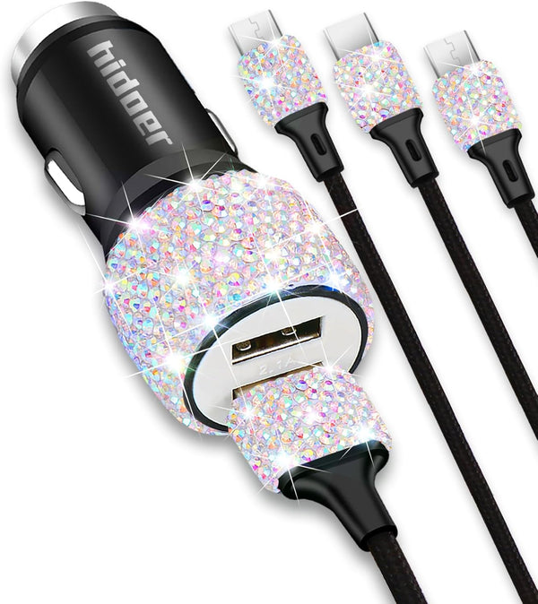 Bling USB Car Charger, 5V 2.4A Dual Port Fast Adapter with 4ft Nylon Type C Micro USB Charging Cable