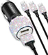 Bling USB Car Charger, 5V 2.4A Dual Port Fast Adapter with 4ft Nylon Type C Micro USB Charging Cable
