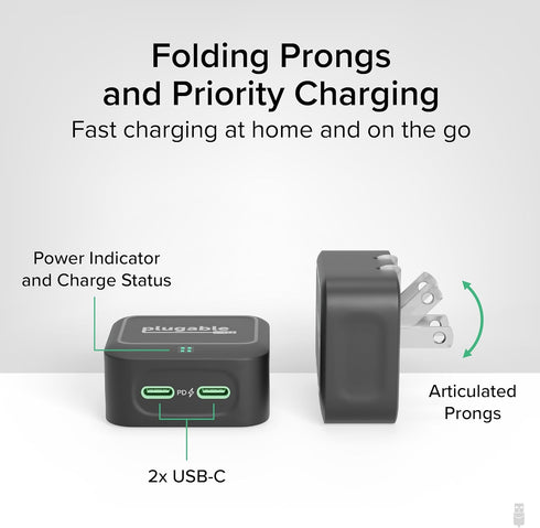 Plugable Dual USB C Wall Charger, 40W Foldable 2-Port Flat USB C Fast Charger Block, USB-C Power Adapter for iPhone 15,