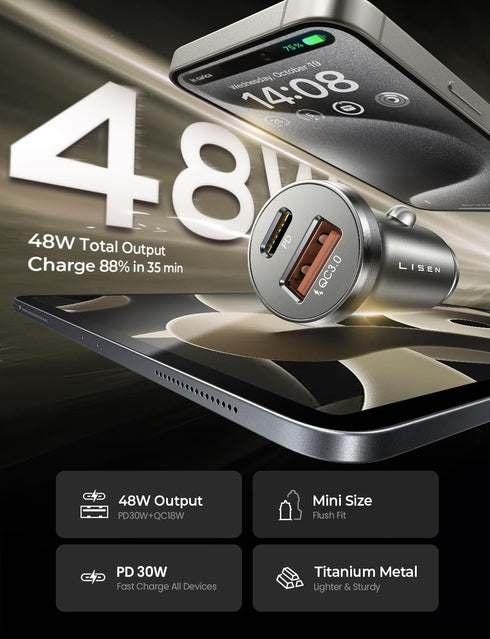 Car Charger USB C, 54W Super Fast Car Charger Adapter, LISEN All-Metal Cigarette Lighter Adapter, Dual Port PD 36W/12V