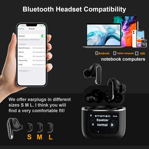 Touch Screen Wireless Earbuds, ANC ENC Bluetooth Headset, IPX56 Waterproof, for iOS/Android Business Use