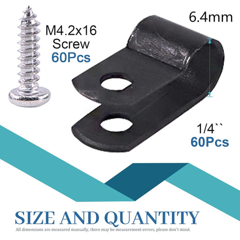 Glarks 60Pcs 1/4 Inch Black Nylon Screw Mounting R-Type Cable Clip Kit with Screws for Wire and Cable