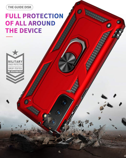 Military Grade Shockproof Case for Samsung Galaxy S21 FE, Red with 360 Metal Rotating Ring Kickstand Holder