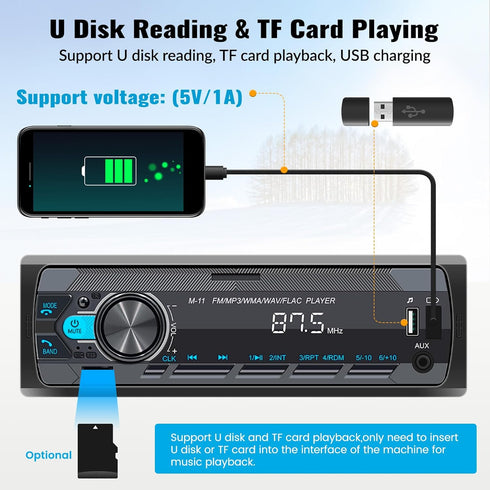 SIXWIN Single Din Car Stereo with Bluetooth 5.0, Hands Free Calling, FM Radio, USB AUX Port, Remote Control