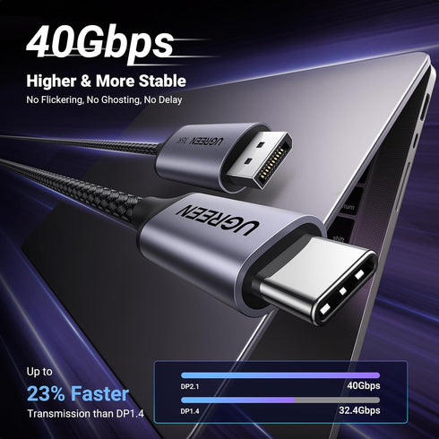 UGREEN USB C to DisplayPort 2.1 Cable, 16K@30Hz, 8K@120Hz, 40Gbps Thunderbolt 4/3 to DisplayPort Cord, Alu Braided,