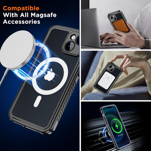 iPhone 15 Plus Case, Magnetic Waterproof with Built-in Screen Protector, Dustproof Heavy Duty Cover, 6.7 Inch, Black