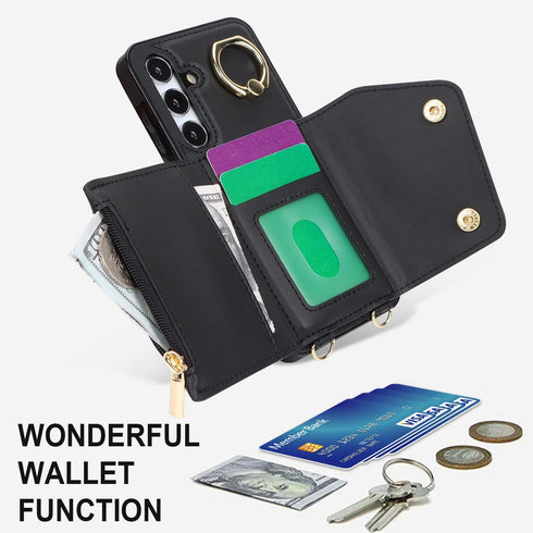 Samsung Galaxy S24 Plus / S24+ Phone Case for Women, Crossbody Wallet Case with Credit Card Holder, Shockproof Black